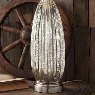 Contemporary Glass Base Fabric Drum Shade Table Lamp Zawala Image - 6
