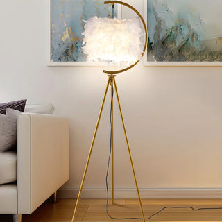 ZOWALA - Modern Feather Cylinder Gold Tripod Floor Lamp Image - 1