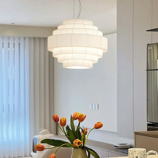 ZOWALA - Tiered White Fabric Adjustable Height Drum Chandelier Image - 1