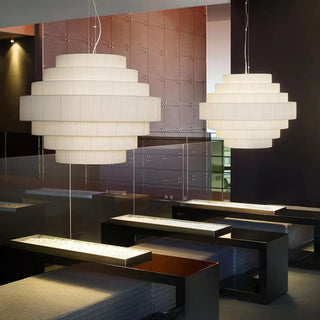 ZOWALA - Tiered White Fabric Adjustable Height Drum Chandelier Image - 3
