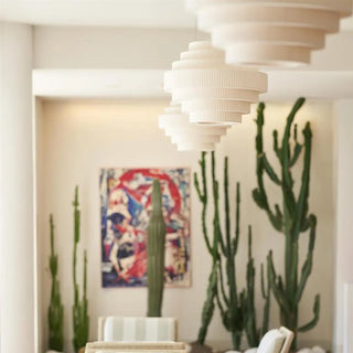 ZOWALA - Tiered White Fabric Adjustable Height Drum Chandelier Image - 6