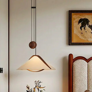 ZOWALA - Contemporary Cone Fabric Wood Bedroom Walnut Pendant Light Image - 3