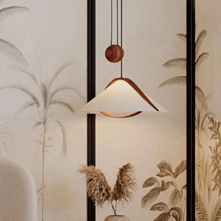 ZOWALA - Contemporary Cone Fabric Wood Bedroom Walnut Pendant Light Image - 4