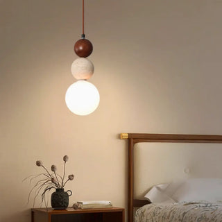 ZOWALA - Contemporary Globe Wood Stone Bedroom Walnut Pendant Light Image - 1