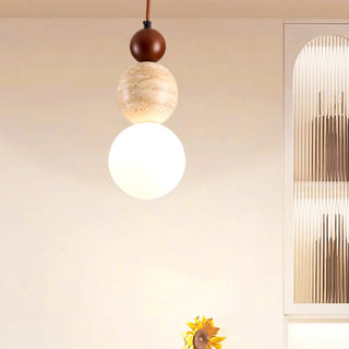 ZOWALA - Contemporary Globe Wood Stone Bedroom Walnut Pendant Light Image - 2