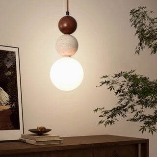 ZOWALA - Contemporary Globe Wood Stone Bedroom Walnut Pendant Light Image - 4