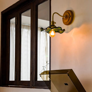 Green Flower Ruffled Glass Shade Wooden Wall Sconce Zawala Image - 1