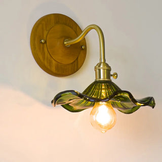 Green Flower Ruffled Glass Shade Wooden Wall Sconce Zawala Image - 2