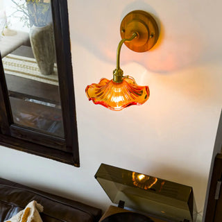 Green Flower Ruffled Glass Shade Wooden Wall Sconce Zawala Image - 3