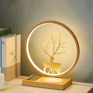 Stylish Deer Silhouette Gold Ring Wood Frame Table Lamp Zawala Image - 1