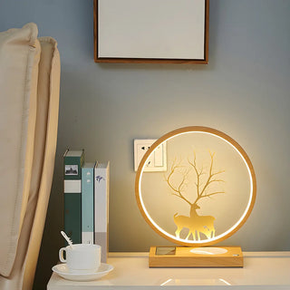 Stylish Deer Silhouette Gold Ring Wood Frame Table Lamp Zawala Image - 3
