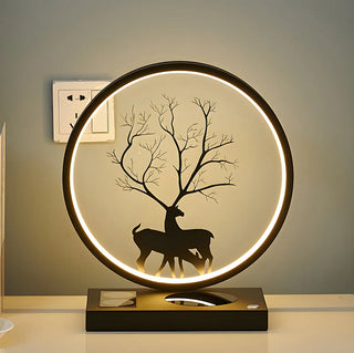 Stylish Deer Silhouette Gold Ring Wood Frame Table Lamp Zawala Image - 9