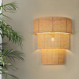 Coastal Cylinder Rattan Living Room Yellow Wall Sconce Zawala Image - 2