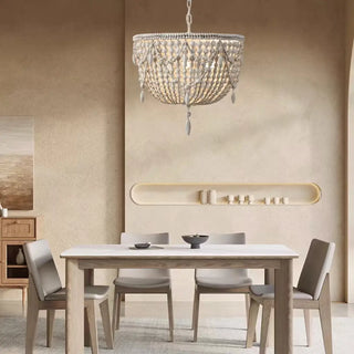 ZOWALA - Distressed White Solid Wood Beaded Chandelier Image - 1