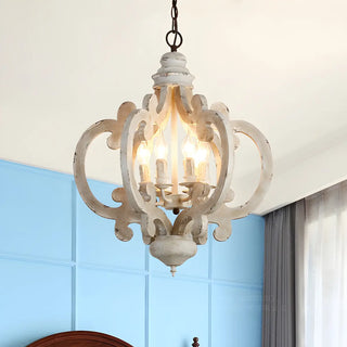 ZOWALA - Distressed White Wood Candle Round Farmhouse Chandelier Image - 1
