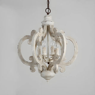 ZOWALA - Distressed White Wood Candle Round Farmhouse Chandelier Image - 3