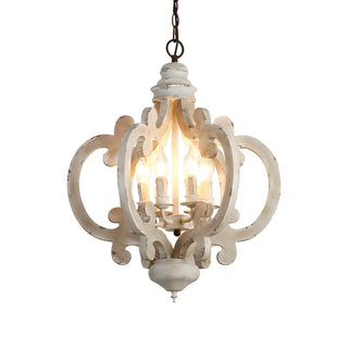 ZOWALA - Distressed White Wood Candle Round Farmhouse Chandelier Image - 4