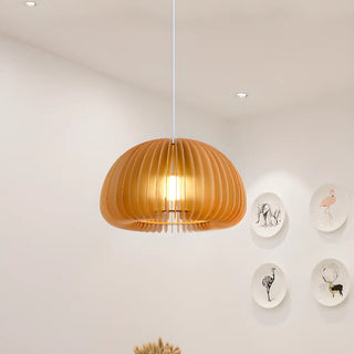 Elegant 1 Light Simple Brown Dish Pendant Lamp with Solid Wood Shade and String Mounting Zawala Image - 2