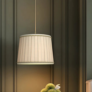 Classic Fabric Drum Beige Pleated Bedroom Pendant Light Zawala Image - 2