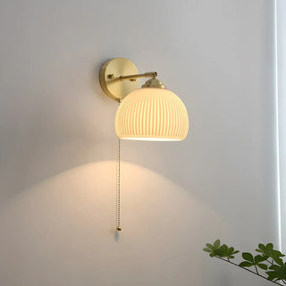 ZOWALA - Simple Ribbed Dome Glass Brass Wall Lamp with Pull Chain Image - 1