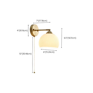 ZOWALA - Simple Ribbed Dome Glass Brass Wall Lamp with Pull Chain #size