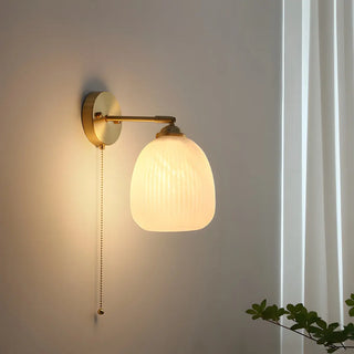 ZOWALA - Simple Ribbed Dome Glass Brass Wall Lamp with Pull Chain Image - 4
