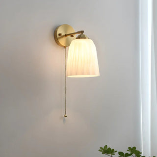 ZOWALA - Simple Ribbed Dome Glass Brass Wall Lamp with Pull Chain Image - 8