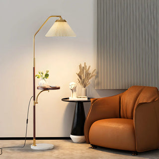 Elegant Brass Wood Side Table Arc Shelf Floor Lamp Image - 1