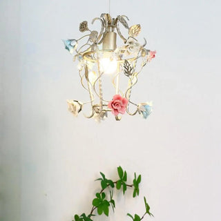 Elegant French White Metal Floral Pink Rose Pendant Light Zawala Image - 2