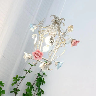Elegant French White Metal Floral Pink Rose Pendant Light Zawala Image - 3