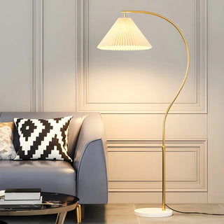 Elegant Gold Arc LED Floor Lamp with Pleated Shade Zawala Image - 1