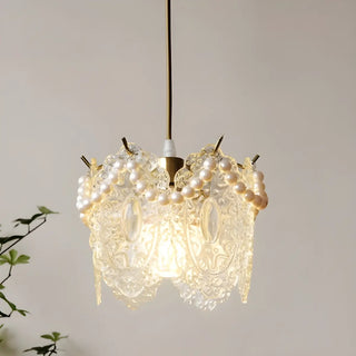 ZOWALA - Elegant Clear Crystal Pearl Decor Floral Drum Pendant Light Image - 10