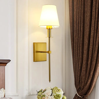 Bedroom White Fabric Cylinder Shade Gold Wall Sconce Zawala Image - 1