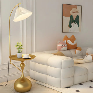 Sleek Pleated Gold Arched Floor Lamp with Side Table Zawala Image - 1