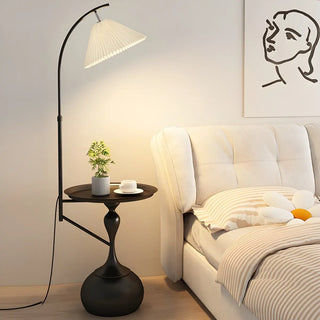 Sleek Pleated Gold Arched Floor Lamp with Side Table Zawala Image - 2