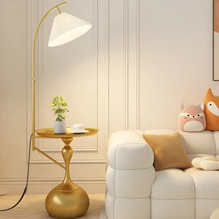 Sleek Pleated Gold Arched Floor Lamp with Side Table Zawala Image - 5