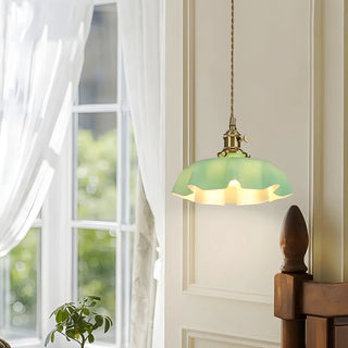 ZOWALA - Elegant Green Glass Flower Brass Bedroom Pendant Light Image - 2