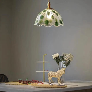 ZOWALA - Elegant Dining Room Green Leaf Glass Dome Pendant Light Image - 1