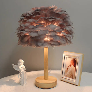 Romantic Nordic Feather Wood Base Decor Table Lamp Zawala Image - 1