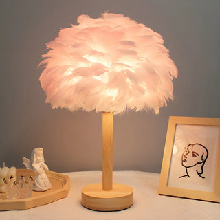 Romantic Nordic Feather Wood Base Decor Table Lamp Zawala Image - 2