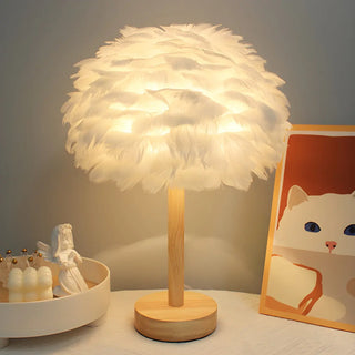 Romantic Nordic Feather Wood Base Decor Table Lamp Zawala Image - 3