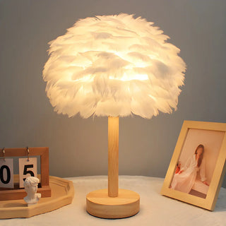 Romantic Nordic Feather Wood Base Decor Table Lamp Zawala Image - 4