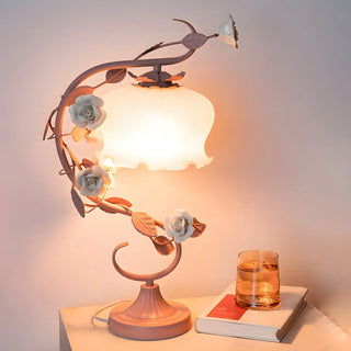  Artistic Elegant Rose Glass Shade Metal Base Table Lamp Zawala Image - 1