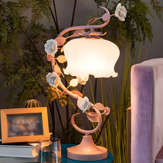  Artistic Elegant Rose Glass Shade Metal Base Table Lamp Zawala Image - 4
