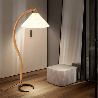 Elegant Curved Wooden Floor Lamp with Pleated Shade Zawala Image - 1