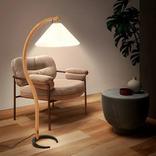 Elegant Curved Wooden Floor Lamp with Pleated Shade Zawala Image - 10