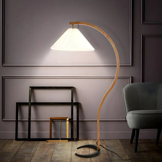 Elegant Curved Wooden Floor Lamp with Pleated Shade Zawala Image - 11