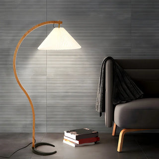 Elegant Curved Wooden Floor Lamp with Pleated Shade Zawala Image - 2