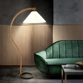 Elegant Curved Wooden Floor Lamp with Pleated Shade Zawala Image - 3