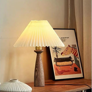 White Elegant Pleated Fabric Lampshade Wooden Table Lamp Zawala Image - 1